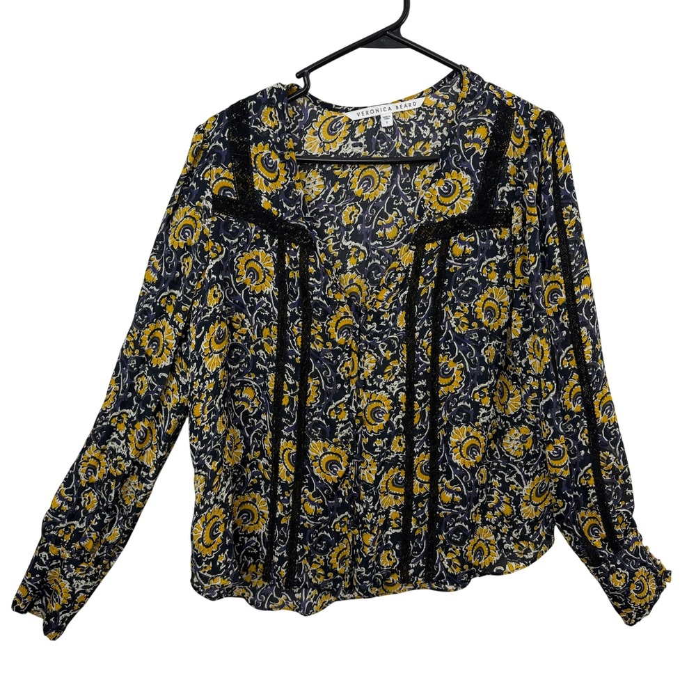 Veronica Beard Blouse Womens 6 Navy Yellow Tarry Printed Lace Inset Silk Top